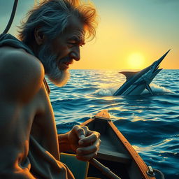 An evocative scene featuring Santiago, an aging fisherman with weathered skin and a determined expression, standing on a small wooden boat in the vast ocean