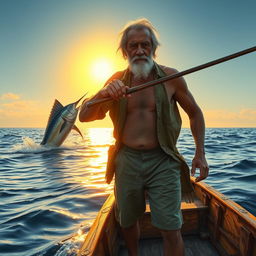 An evocative scene featuring Santiago, an aging fisherman with weathered skin and a determined expression, standing on a small wooden boat in the vast ocean