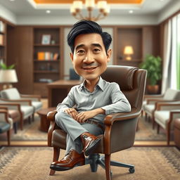 A hyper-realistic 3D caricature drawing of an Indonesian man depicted as a director, sitting comfortably in a nice chair with a large table in front of him