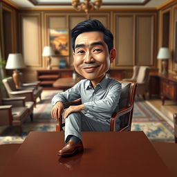 A hyper-realistic 3D caricature drawing of an Indonesian man depicted as a director, sitting comfortably in a nice chair with a large table in front of him