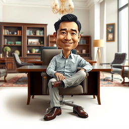 A hyper-realistic 3D caricature drawing of an Indonesian man depicted as a director, sitting comfortably in a nice chair with a large table in front of him