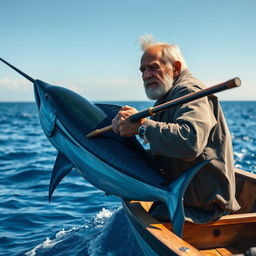 An aging fisherman named Santiago, rugged and weathered, stands in a small wooden boat on a vast ocean under a bright blue sky