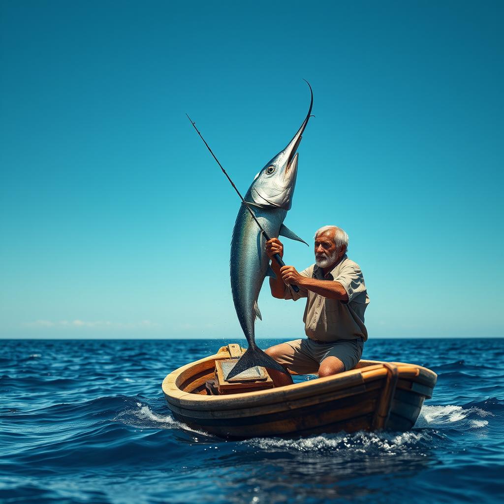 An aging fisherman named Santiago, rugged and weathered, stands in a small wooden boat on a vast ocean under a bright blue sky