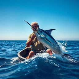 An aging fisherman named Santiago, rugged and weathered, stands in a small wooden boat on a vast ocean under a bright blue sky
