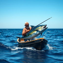 An aging fisherman named Santiago, rugged and weathered, stands in a small wooden boat on a vast ocean under a bright blue sky