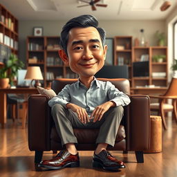 A hyper-realistic 3D caricature drawing of an Indonesian man depicted as a director, comfortably seated in a nice chair