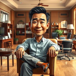 A hyper-realistic 3D caricature drawing of an Indonesian man depicted as a director, comfortably seated in a nice chair