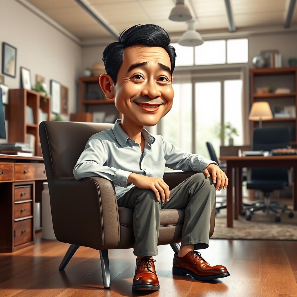 A hyper-realistic 3D caricature drawing of an Indonesian man depicted as a director, comfortably seated in a nice chair