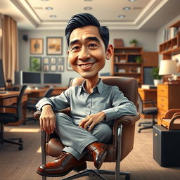 A hyper-realistic 3D caricature drawing of an Indonesian man depicted as a director, comfortably seated in a nice chair