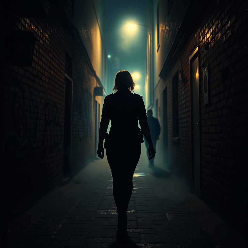 A suspenseful scene capturing the rear view of a policewoman walking alone into a dark alley on a horror-filled night
