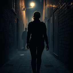 A suspenseful scene capturing the rear view of a policewoman walking alone into a dark alley on a horror-filled night