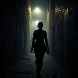 A suspenseful scene capturing the rear view of a policewoman walking alone into a dark alley on a horror-filled night