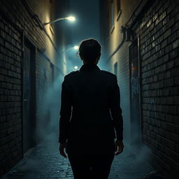 A suspenseful scene capturing the rear view of a policewoman walking alone into a dark alley on a horror-filled night