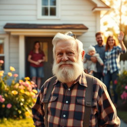A heartwarming scene featuring an elderly man named Ove, with a grumpy yet lovable expression, standing in front of his quaint house