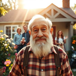 A heartwarming scene featuring an elderly man named Ove, with a grumpy yet lovable expression, standing in front of his quaint house