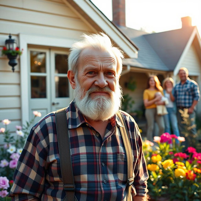 A heartwarming scene featuring an elderly man named Ove, with a grumpy yet lovable expression, standing in front of his quaint house