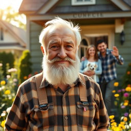 A heartwarming scene featuring an elderly man named Ove, with a grumpy yet lovable expression, standing in front of his quaint house