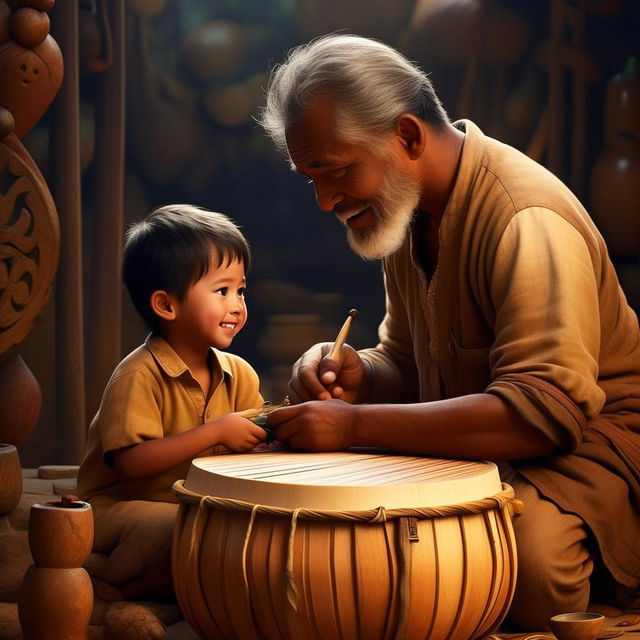 Create a Disney Pixar style movie poster featuring a father tenderly teaching his young son how to carve a tamtam. The image is full of emotion, care, and cultural traditions being passed down.