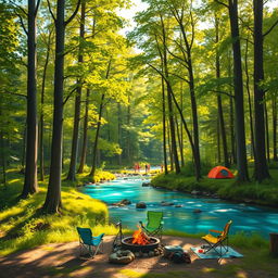 A serene forest landscape featuring tall, lush trees with radiant green leaves, dappled sunlight filtering through the canopy