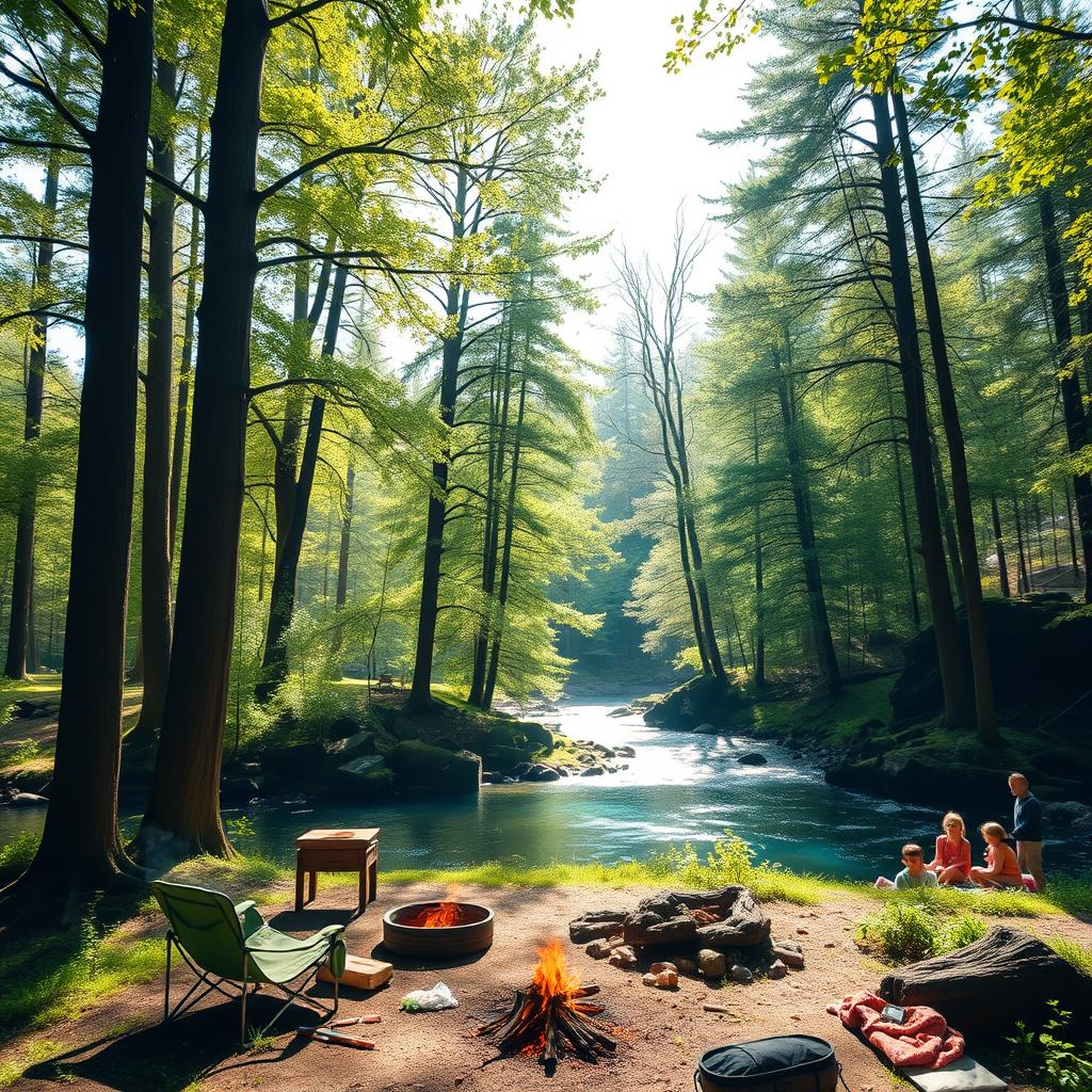 A serene forest landscape featuring tall, lush trees with radiant green leaves, dappled sunlight filtering through the canopy