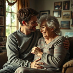 A tender and emotional scene depicting Noah and Allie in an intimate moment, with Noah gently holding Allie's hands, their love and connection evident despite her Alzheimer's disease