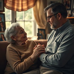 A tender and emotional scene depicting Noah and Allie in an intimate moment, with Noah gently holding Allie's hands, their love and connection evident despite her Alzheimer's disease