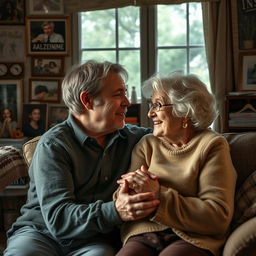 A tender and emotional scene depicting Noah and Allie in an intimate moment, with Noah gently holding Allie's hands, their love and connection evident despite her Alzheimer's disease