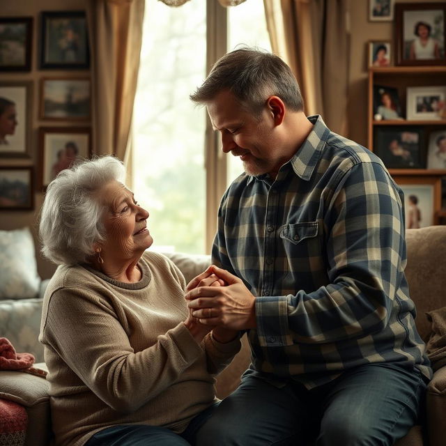 A tender and emotional scene depicting Noah and Allie in an intimate moment, with Noah gently holding Allie's hands, their love and connection evident despite her Alzheimer's disease
