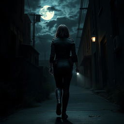 A suspenseful scene depicting the rear view of a policewoman walking alone into a dark alley on a horror-themed night