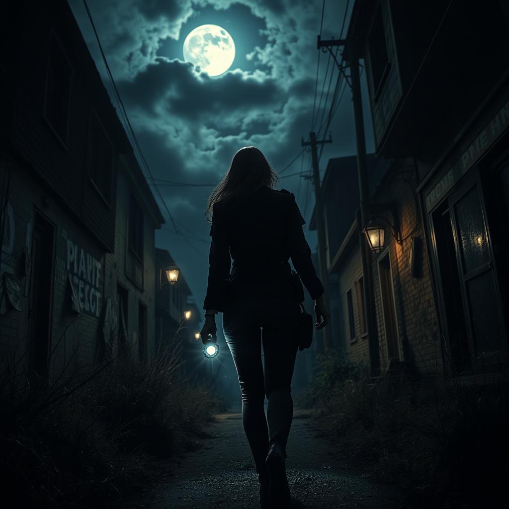A suspenseful scene depicting the rear view of a policewoman walking alone into a dark alley on a horror-themed night