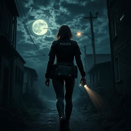 A suspenseful scene depicting the rear view of a policewoman walking alone into a dark alley on a horror-themed night