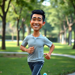 A hyper-realistic 3D caricature image of an Indonesian man jogging in a park, showcasing him in athletic attire including a plain t-shirt and sports pants