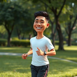 A hyper-realistic 3D caricature image of an Indonesian man jogging in a park, showcasing him in athletic attire including a plain t-shirt and sports pants