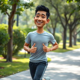 A hyper-realistic 3D caricature image of an Indonesian man jogging in a park, showcasing him in athletic attire including a plain t-shirt and sports pants