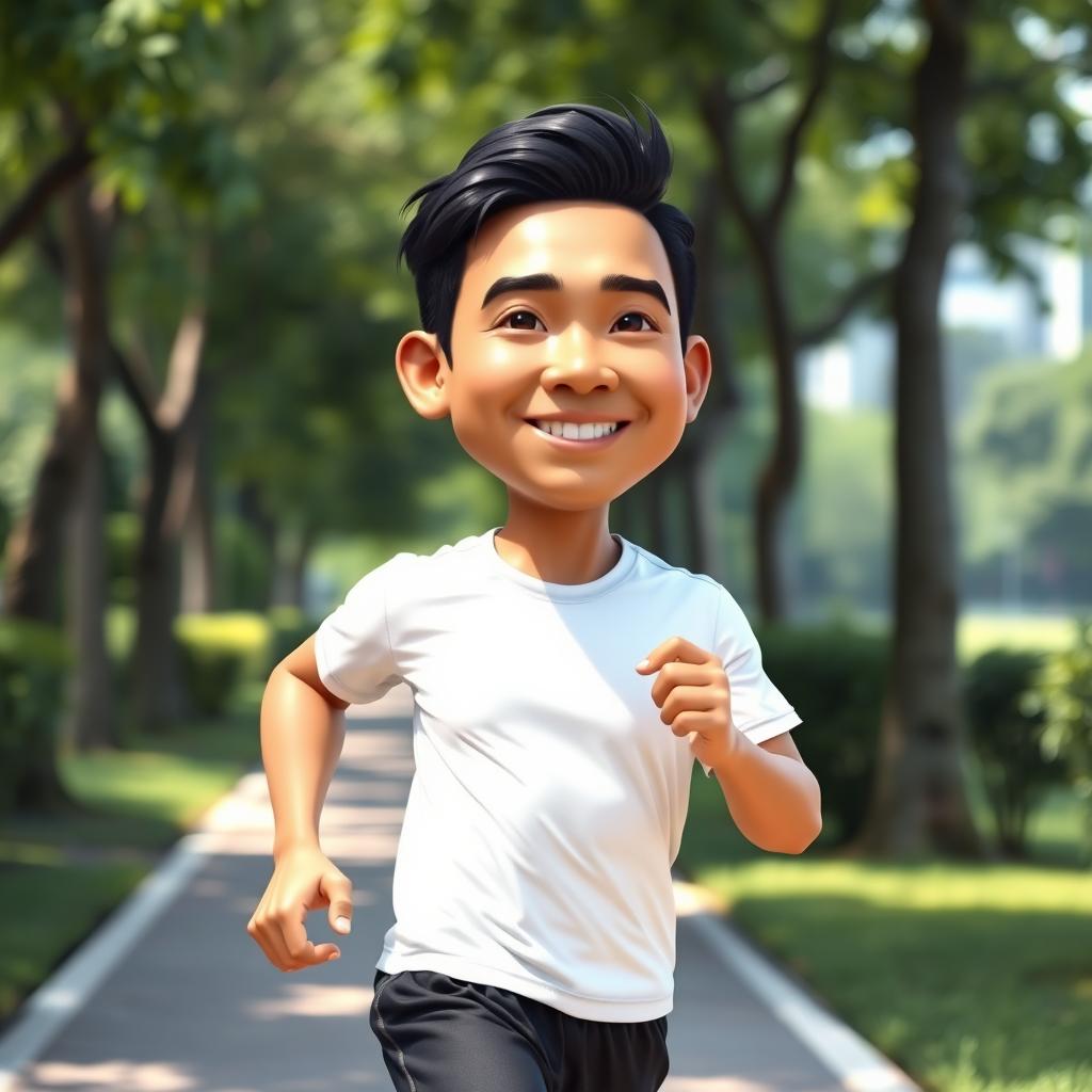 A hyper-realistic 3D caricature image of an Indonesian man jogging in a park, showcasing him in athletic attire including a plain t-shirt and sports pants