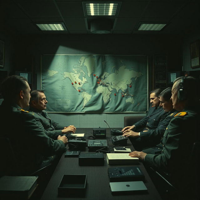 A dramatic Cold War scene set in the 1960s, featuring a tense standoff between military leaders in a war room filled with maps and communication devices