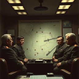 A dramatic Cold War scene set in the 1960s, featuring a tense standoff between military leaders in a war room filled with maps and communication devices