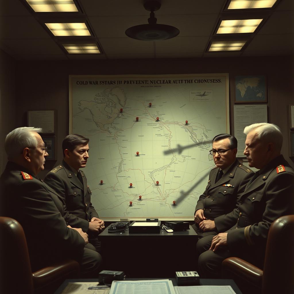A dramatic Cold War scene set in the 1960s, featuring a tense standoff between military leaders in a war room filled with maps and communication devices