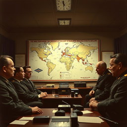 A dramatic Cold War scene set in the 1960s, featuring a tense standoff between military leaders in a war room filled with maps and communication devices