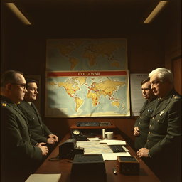 A dramatic Cold War scene set in the 1960s, featuring a tense standoff between military leaders in a war room filled with maps and communication devices