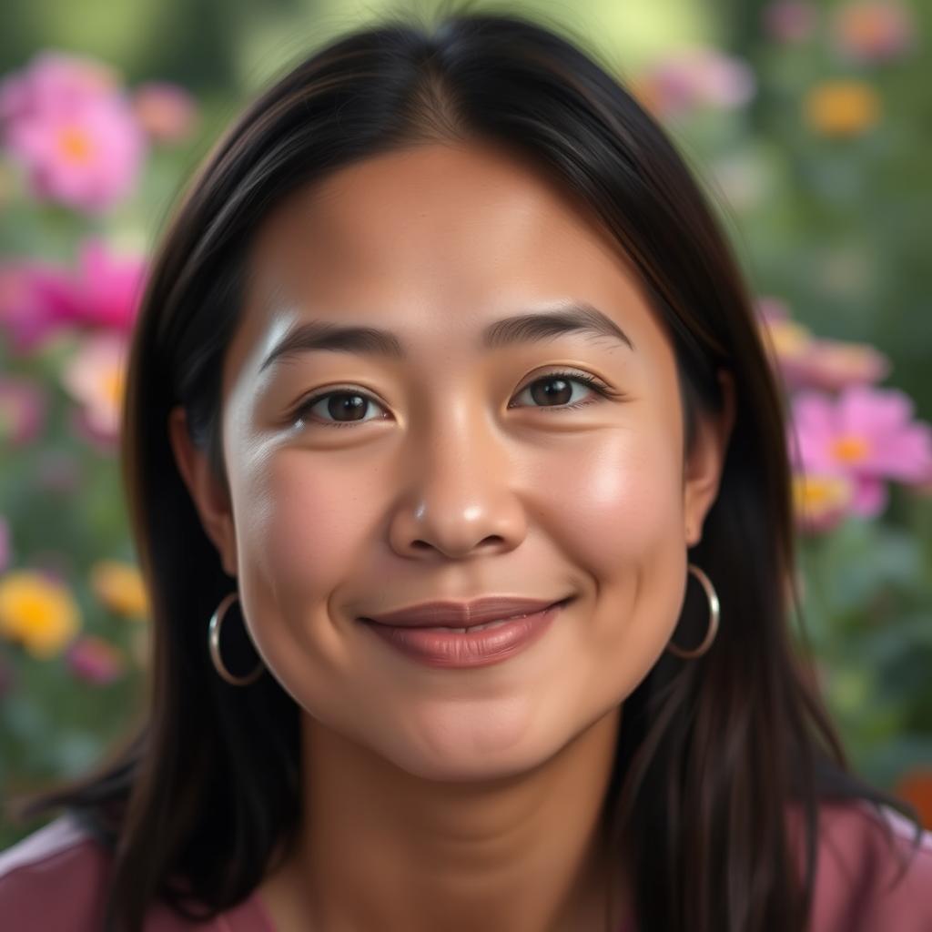 A serene portrait of a person with a closed mouth and a soft, gentle smile