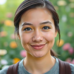 A serene portrait of a person with a closed mouth and a soft, gentle smile