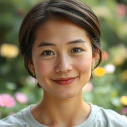 A serene portrait of a person with a closed mouth and a soft, gentle smile