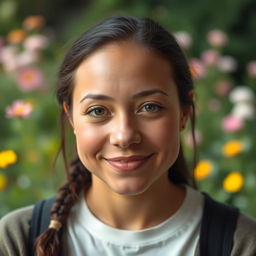 A serene portrait of a person with a closed mouth and a soft, gentle smile