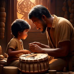 Create a Disney Pixar style movie poster featuring a father tenderly teaching his young son how to carve a tamtam. The image is full of emotion, care, and cultural traditions being passed down.