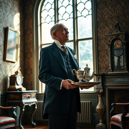An aging English butler, Stevens, standing in a grand, vintage manor reminiscent of the early 20th century