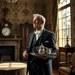 An aging English butler, Stevens, standing in a grand, vintage manor reminiscent of the early 20th century