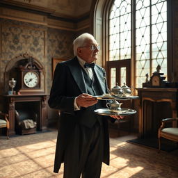 An aging English butler, Stevens, standing in a grand, vintage manor reminiscent of the early 20th century