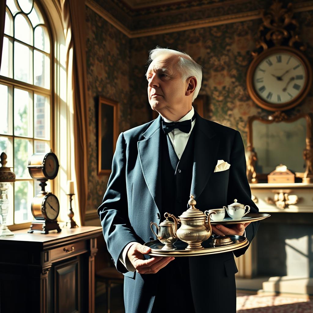 An aging English butler, Stevens, standing in a grand, vintage manor reminiscent of the early 20th century