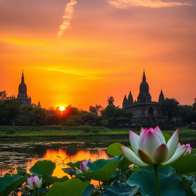 A beautiful sunset scene over the ancient ruins of Ayutthaya, Thailand